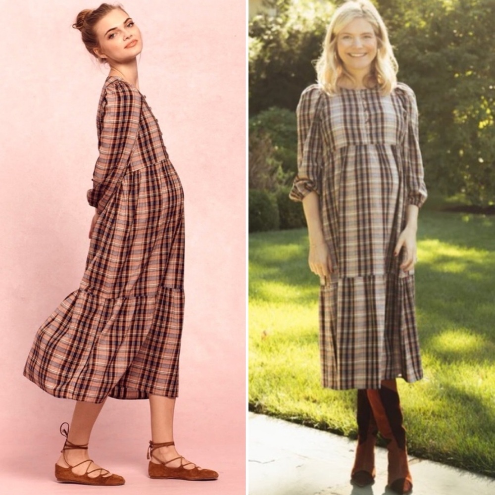 Frances Hart Tiered Plaid Midi Maternity Dress Cottagecore Brown Black Small
